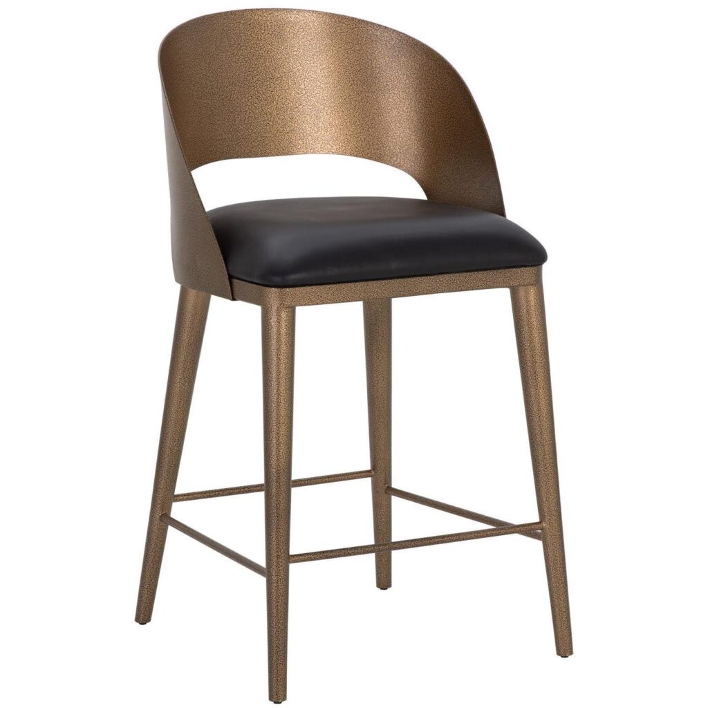 Dezirae Counter Stool - Antique Brass - Charcoal Black Leather