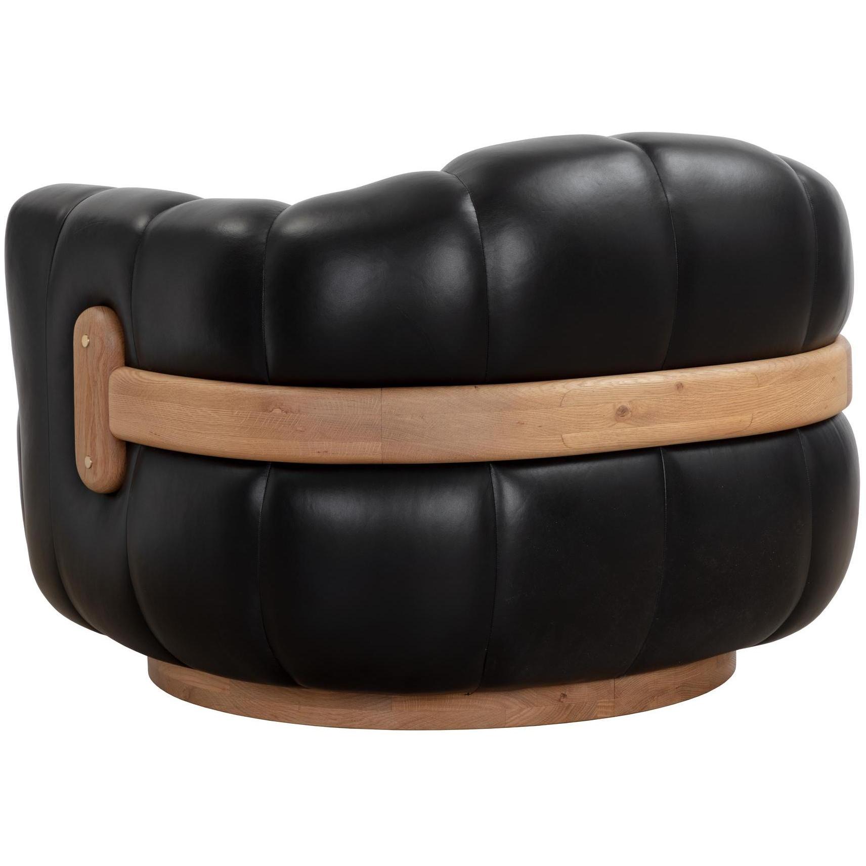 Tadeo Swivel Lounge Chair - Rustic Oak Wood - Vintage Black Night Leather 4 Tadeo Swivel Lounge Chair - Rustic Oak Wood - Vintage Black Night Leather - Image 4