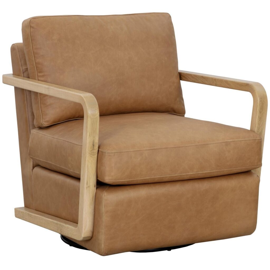 Castell Swivel Lounge Chair - Rustic Oak - Ludlow Sesame Leather