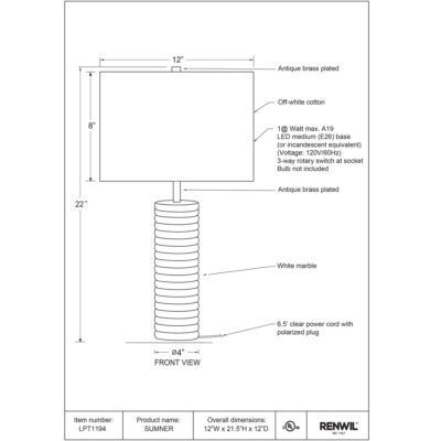 Sumner Table Lamp LPT1194 LPT1194 TECHNICAL