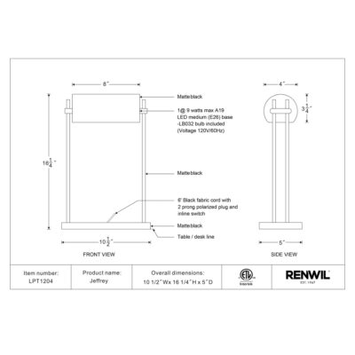 Jeffrey Table Lamp LPT1204 LPT1204 TECHNICAL